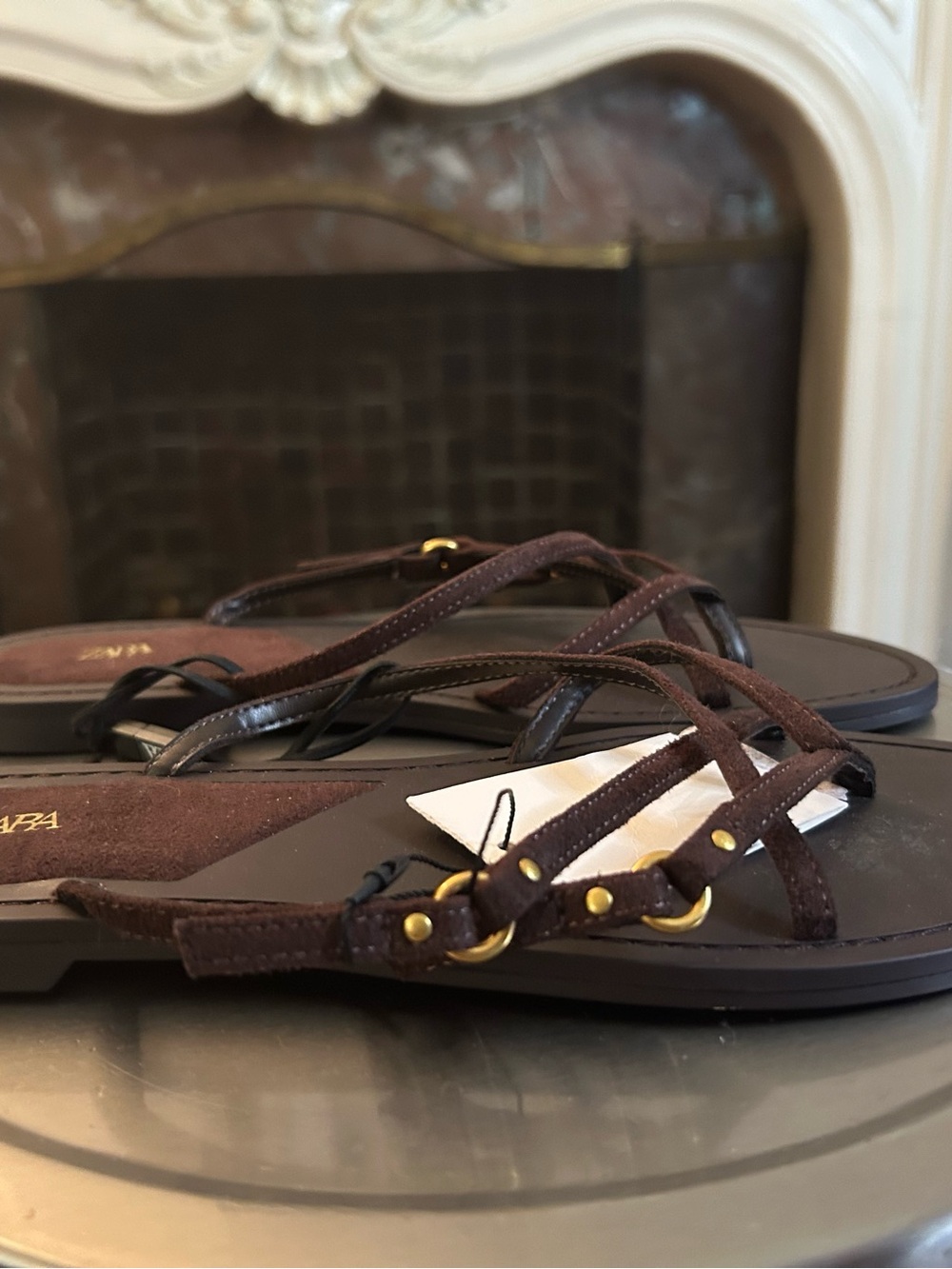 Zara Dark Brown Suede Strappy Flat Sandals with Gold Hardware